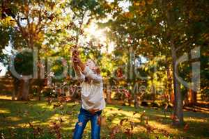 And the leaves came tumbling down. a happy little girl playing in the autumn leaves outdoors.