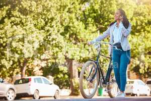 Bike, phone and walking with a young woman talking, exploring and sightseeing the city while enjoying travel and tourism. Carbon footprint, going green and eco friendly lifestyle with a happy female