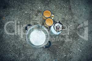 Coffee on the go. High angle shot of utensils to make beverages while camping.