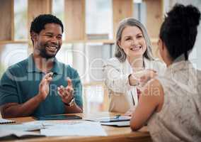 B2b partnership handshake and deal of ecommerce business team with a smile. Teamwork, collaboration and strategy success of working finance staff on an accounting and financial contract meeting