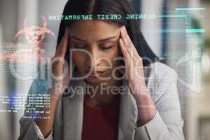 Cyber security, internet fraud and 404 phishing virus for scam, hacked and data error with internet credit card cloning online. Stress woman in glitch scam, digital web mistake and privacy login risk