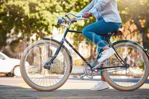 Adventure, street travel and bike break outdoor in urban city in summer. Woman with vintage bicycle in a road for transport. Sustainability person traveling with health mindset or healthy energy