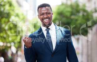 Portrait of businessman, leader or CEO celebration, winner and happy outside in the city. Manager with happiness and motivation for business success and profit with a smile and pride for achievement